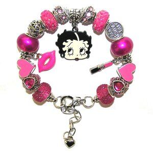 Betty Boop Bracelet Hot Pink With European Beads, Charms Lipstick, Sexy Lips NEW